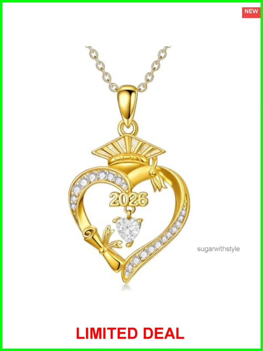 18K Gold Plated Heart Birthstone Necklace Cubic Zirconia Pendant Graduation Gift